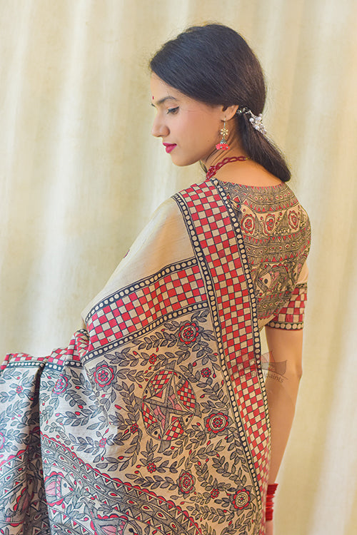 Madhubani Paints Handpainted Madhubani MATSYA UTSAV Tussar Silk Saree