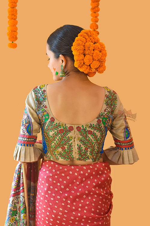 Matasya Mayuri Sangam' Madhubani Paints Handpainted Madhubani Tussar Silk Blouse
