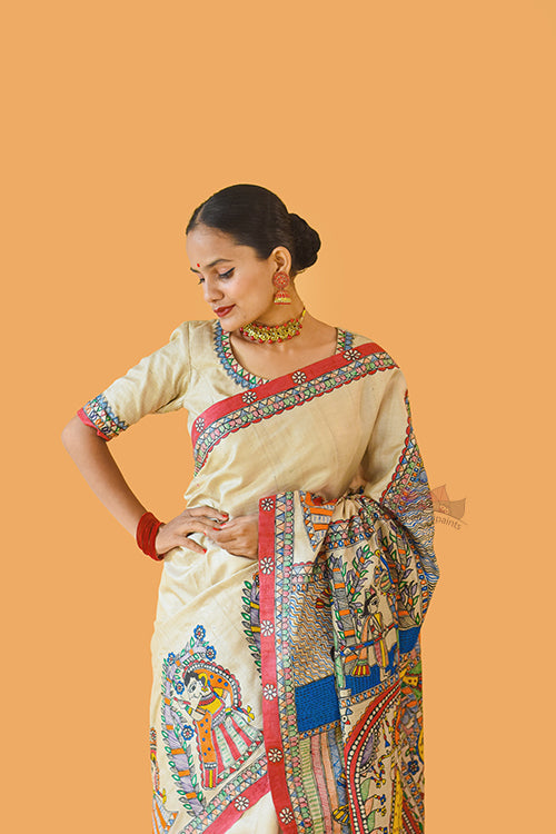 Madhubani Paints Handpainted Madhubani 'Vishnu Avatar' Tussar Silk Saree