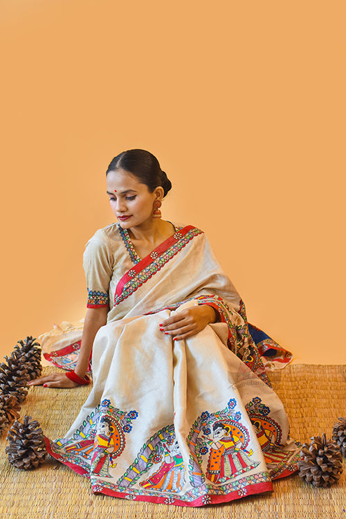 Madhubani Paints Handpainted Madhubani 'Vishnu Avatar' Tussar Silk Saree