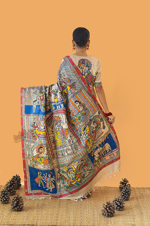 Vishnu Avatar Hand Painted Tussar Silk Madhubani Paints Saree Online