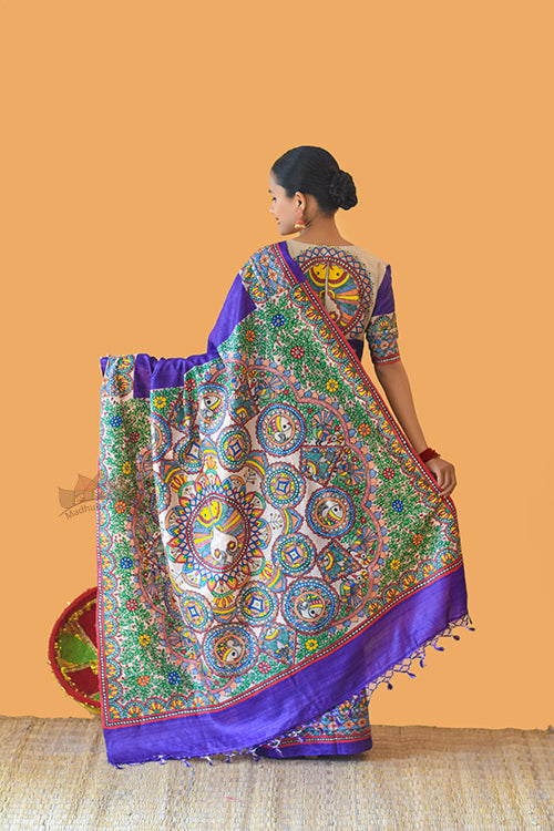 Manohara Hand Painted Tussar Silk Madhubani Paints Saree Online