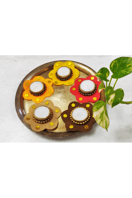 "Svatanya" Handcrafted Eco-Friendly Felt and Gold Zari Crochet T-Light Holder Set Of 5