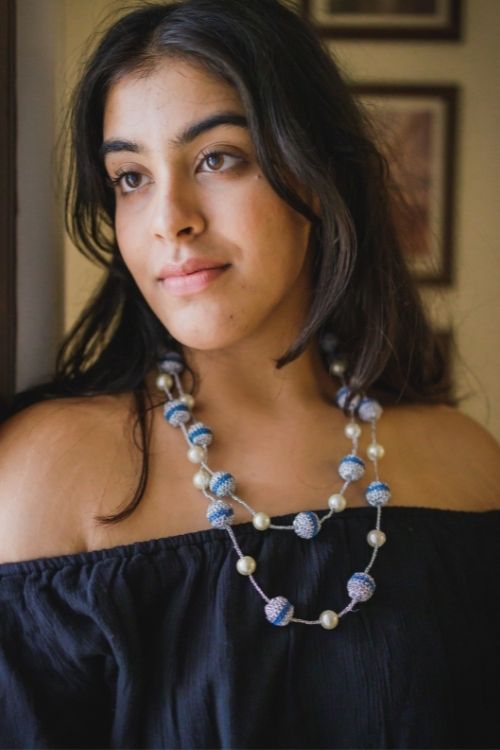 Samoolam Handmade Crochet Nakshatra Moon Necklace - Silver Blue Beads