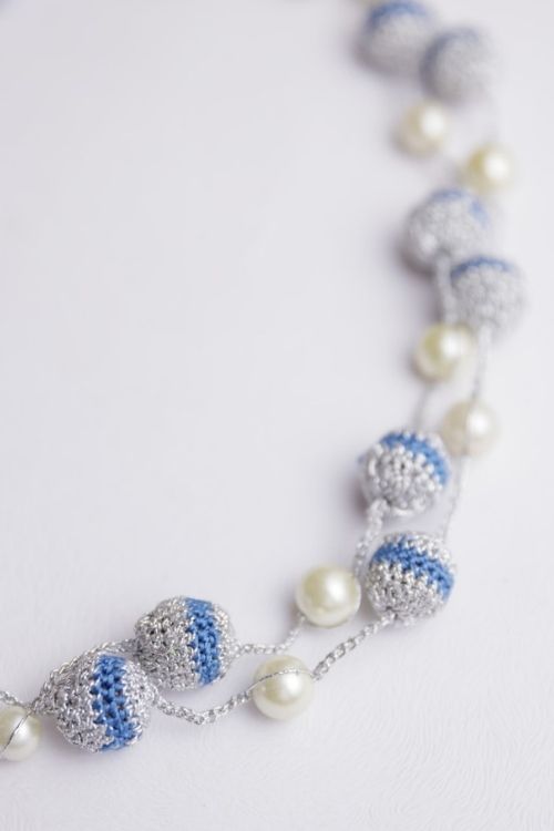 Samoolam Handmade Crochet Nakshatra Moon Necklace - Silver Blue Beads