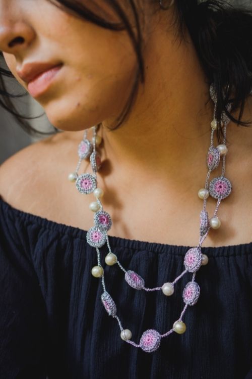 Samoolam Handmade Crochet Nakshatra Tiki Necklace - Silver Pink