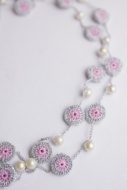 Samoolam Handmade Crochet Nakshatra Tiki Necklace - Silver Pink