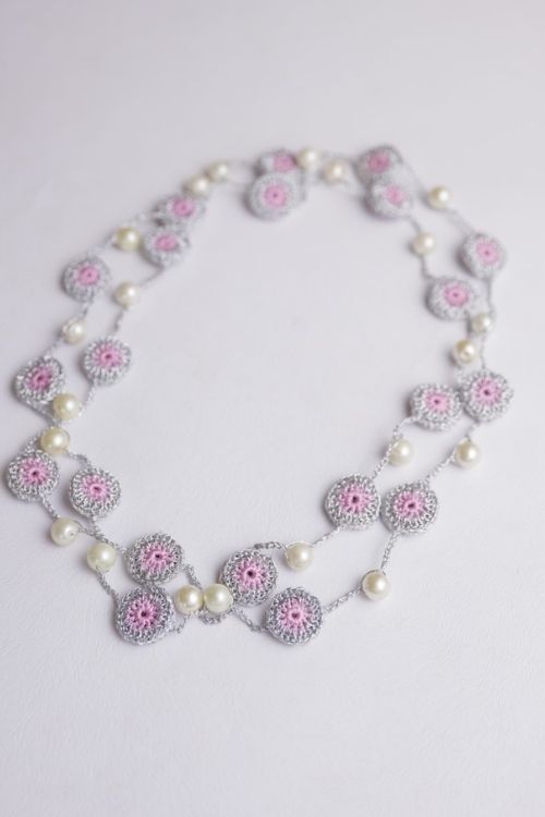 Samoolam Handmade Crochet Nakshatra Tiki Necklace - Silver Pink