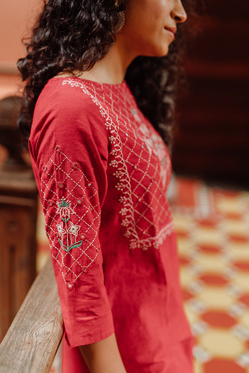 Okhai 'Belle' Hand Embroidery Mirror Work Cotton Long Kurta