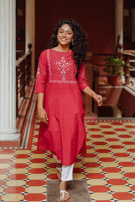 Belle Red Hand Embroidered Cotton Long Kurta For Women Online