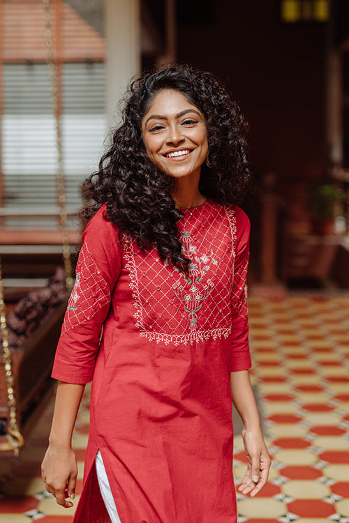 Okhai 'Belle' Hand Embroidery Mirror Work Cotton Long Kurta