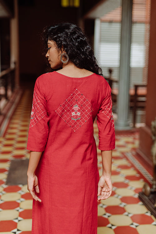 Okhai 'Belle' Hand Embroidery Mirror Work Cotton Long Kurta