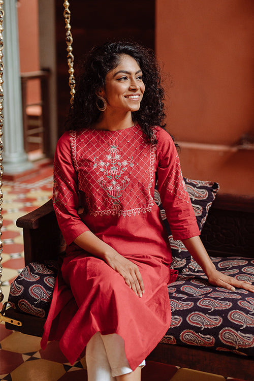 Okhai 'Belle' Hand Embroidery Mirror Work Cotton Long Kurta