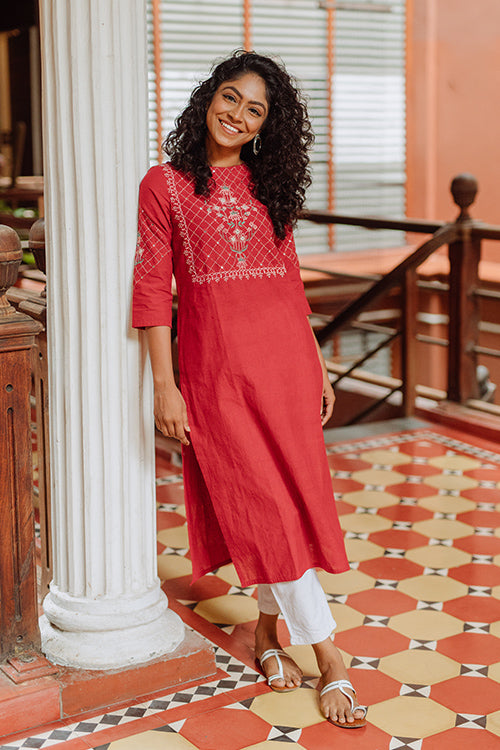 Okhai 'Belle' Hand Embroidery Mirror Work Cotton Long Kurta