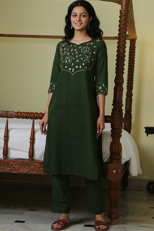 Eucalyptus Garden Mirror Work Cotton Embroidered Green Kurta Pant Set Online