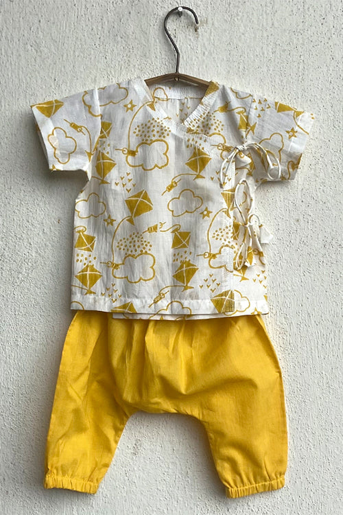 Whitewater Kids Unisex Organic Patang Angrakha Top With Yellow Pants