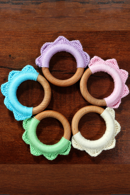 Plumtales "Croceht Ruffle " Handmade Wooden Teether Ring Lilac