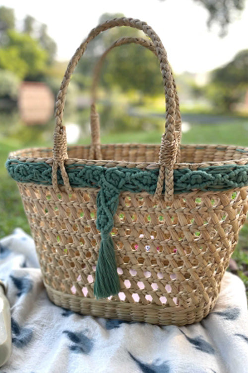 Pine Cone Handcrafted Reed Tote With Sage Macrame