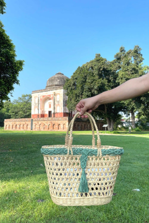 Pine Cone Handcrafted Reed Tote With Sage Macrame