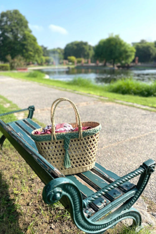 Pine Cone Handcrafted Reed Tote With Sage Macrame