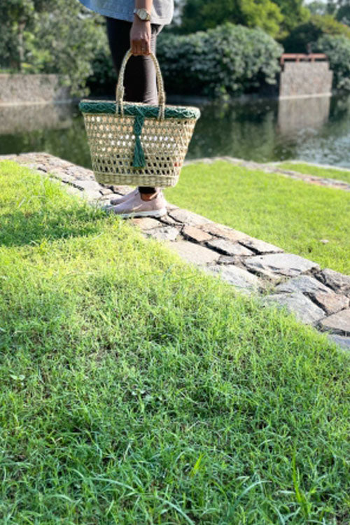 Pine Cone Handcrafted Reed Tote With Sage Macrame