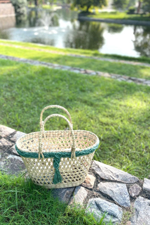 Pine Cone Handcrafted Reed Tote With Sage Macrame
