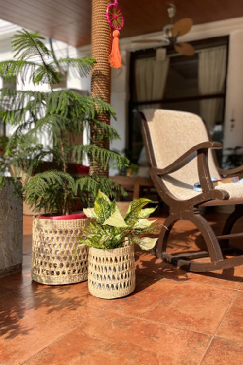 Pine Cone Handcrafted Kauna Diagonal Weave Planter 12"