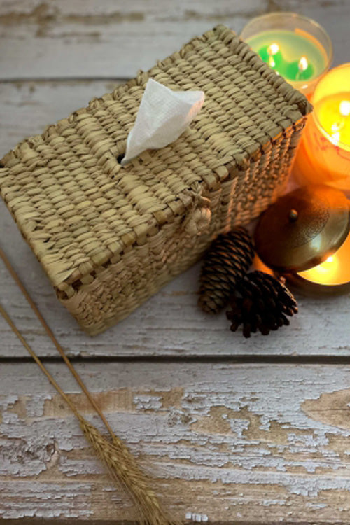 Pine Cone Handcrafted Kauna Tissue Holder With Cane Frame