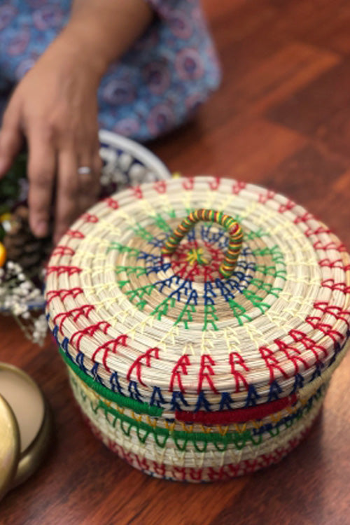 Pine Cone Handcrafted Salt Reed Mulit Utility Box/ Chapati Box (Multi Colored)