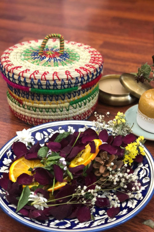 Pine Cone Handcrafted Salt Reed Mulit Utility Box/ Chapati Box (Multi Colored)