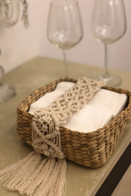 Pine Cone Handcrafted Reed Spa Basket With Macrame Detailing- Boho