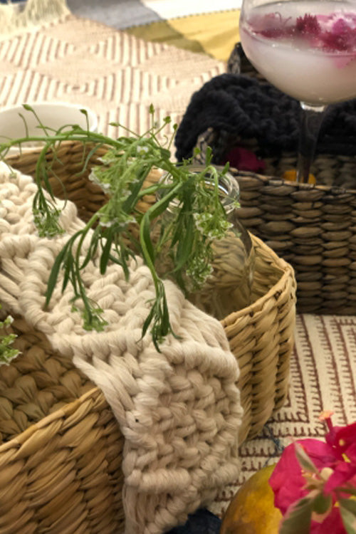 Pine Cone Handcrafted Reed Spa Basket With Macrame Detailing- Boho