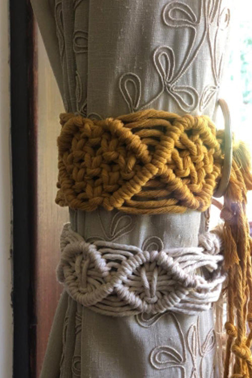 Pine Cone Scandi Boho Macrame Curtain Tiebacks (Offwhite/ Sunshine Yellow)