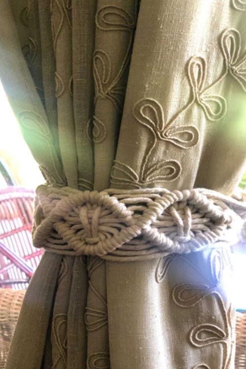Pine Cone Scandi Boho Macrame Curtain Tiebacks (Offwhite/ Sunshine Yellow)