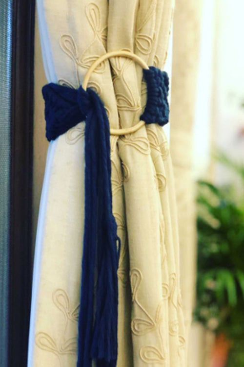 Pine Cone Scandi Boho Macrame Curtain Tiebacks (Offwhite/ Sunshine Yellow)