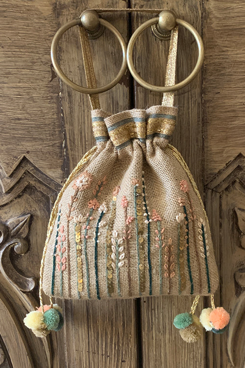 Beige Hand Embroidered Jute Potli Bag For Women Online