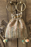 Beige Hand Embroidered Jute Potli Bag For Women Online