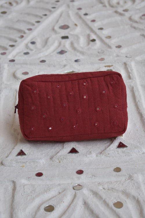 Okhai 'Ruby' Pure Cotton Hand Embroidered Mirror Work Pouch