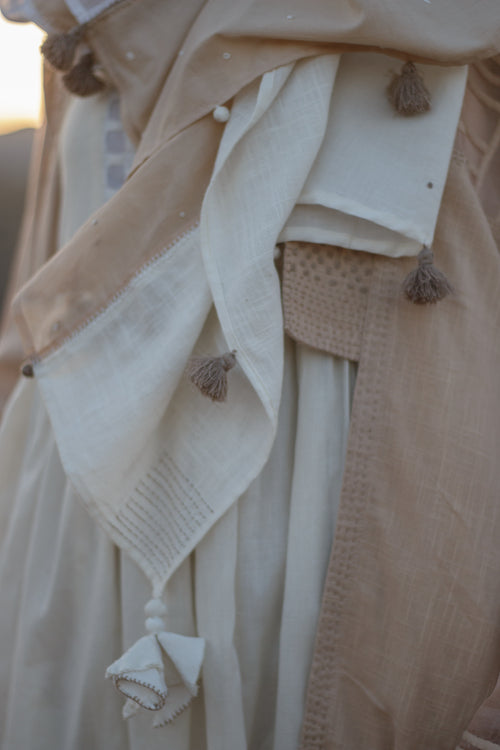 Sadhna 'Alhad' Beige-White Multi Cotton Fabric Panelled Stole