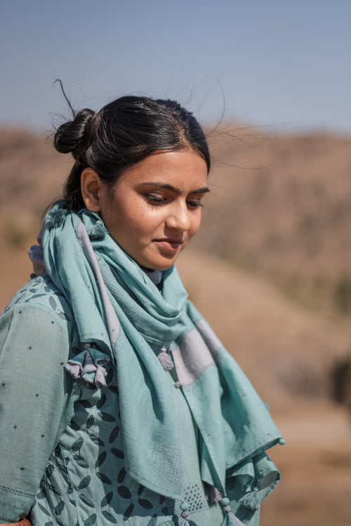 Sadhna 'Alhad' Green-Grey Cotton Fabric Panelled Stole