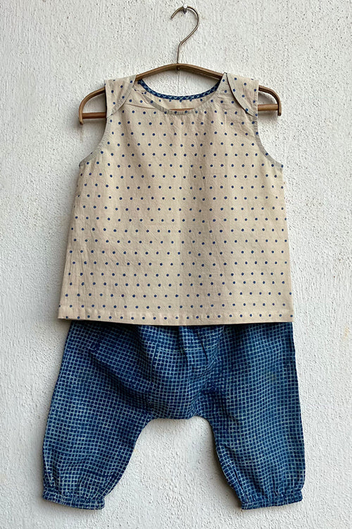 Whitewater Kids Unisex Organic Zoo Indigo Raidana Jhabla With Indigo Check Pants