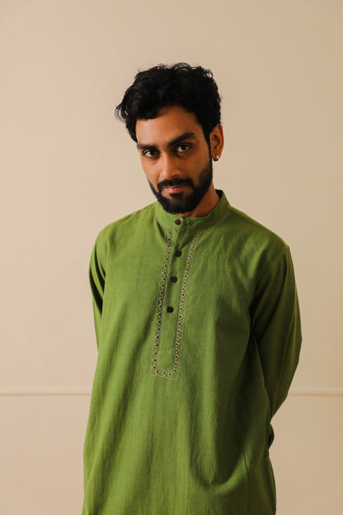 Rangsutra Rohil Green Cotton Kurta With Soof Embroidery