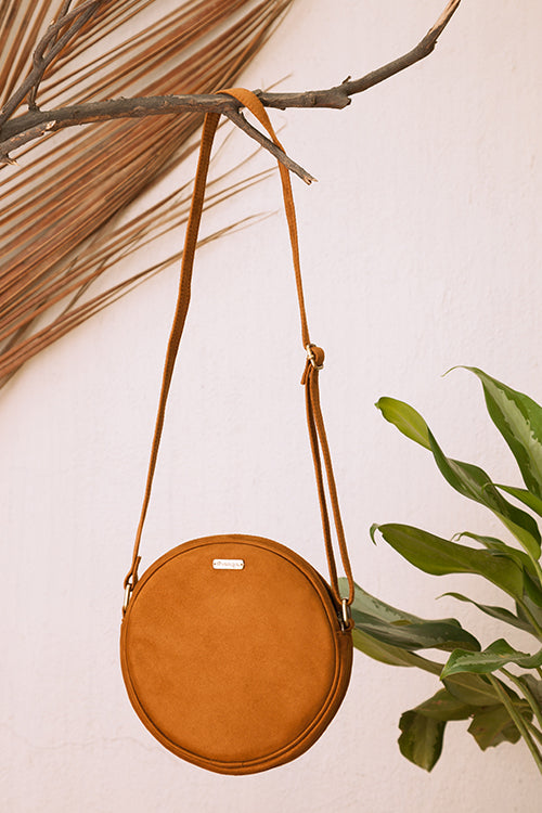 Dhaaga Tan and Floral Round Sling Bag