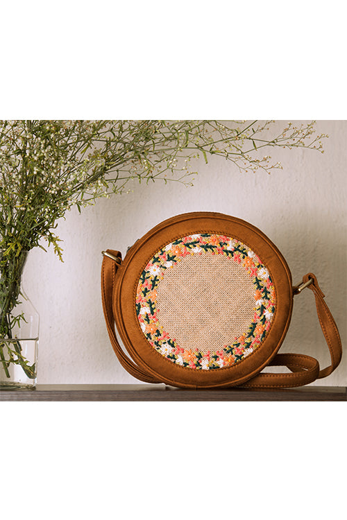Dhaaga Tan and Floral Round Sling Bag