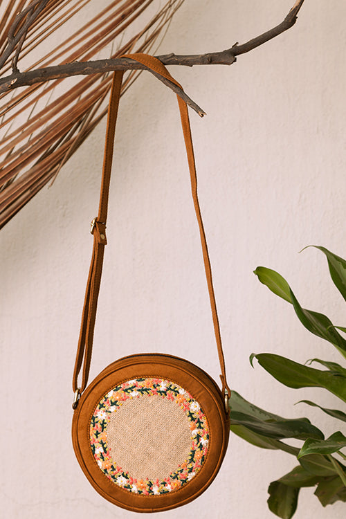 Dhaaga Tan and Floral Round Sling Bag