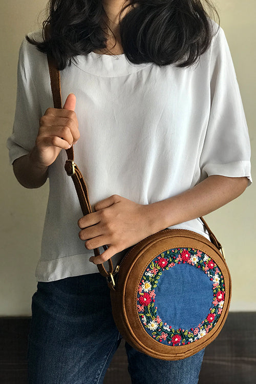 Dhaaga Denim Floral Embroidered Sling Bag