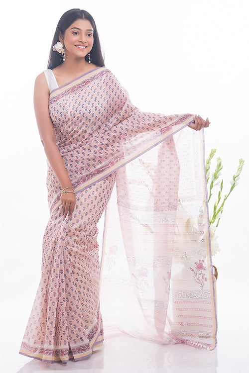 Pink Flora Sanganeri Block Printed Chanderi Saree Online