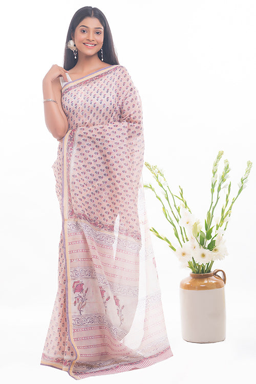 TICH Summer Florals. Sanganeri Block Printed Chanderi Saree - Pink Flora