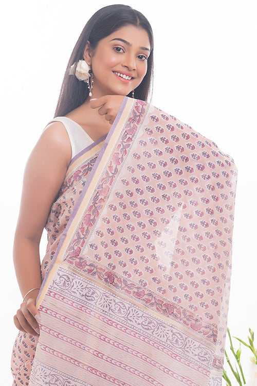 TICH Summer Florals. Sanganeri Block Printed Chanderi Saree - Pink Flora