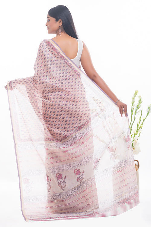Pink Flora Sanganeri Block Printed Chanderi Saree Online